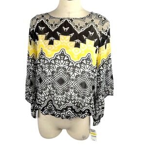 Alfani Petite Printed Angel-Sleeve Bubble Top Yellow Gray Tribal Size PM